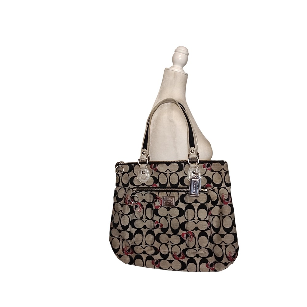Coach Poppy Signature Heart Tote Women Large Black Grey Pink 18711 Canvas Bag